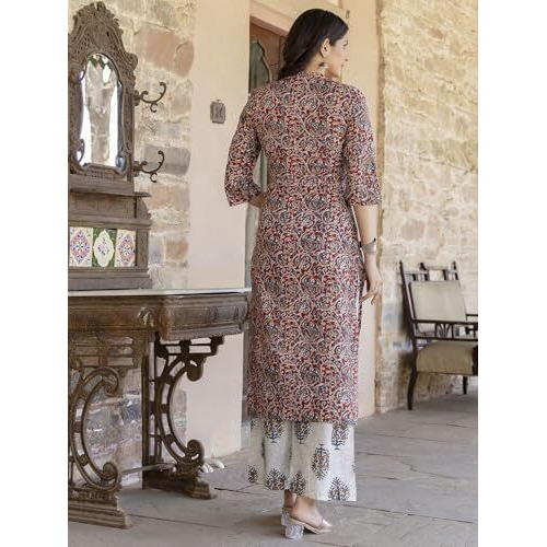 ANNI DESIGNER Women's Cotton Blend Printed Straight Kurta Plazzo with Printed Dupatta (Aabina Maroon_M_Maroon_Medium)
