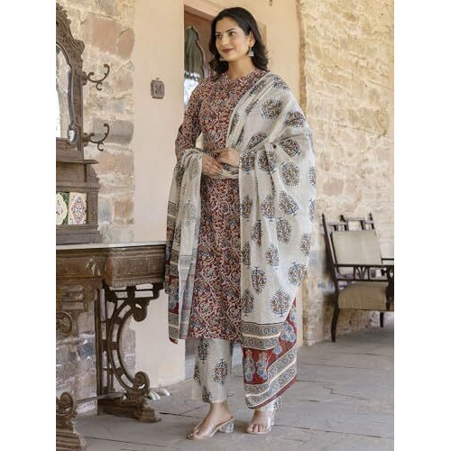 ANNI DESIGNER Women's Cotton Blend Printed Straight Kurta Plazzo with Printed Dupatta (Aabina Maroon_M_Maroon_Medium)