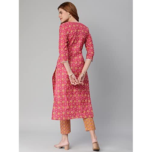 ANNI DESIGNER Women's Cotton Blend Traditional Straight Printed Kurta with Pant (Mikaa Pink-Nw5_XXL_Pink_XX-Large)
