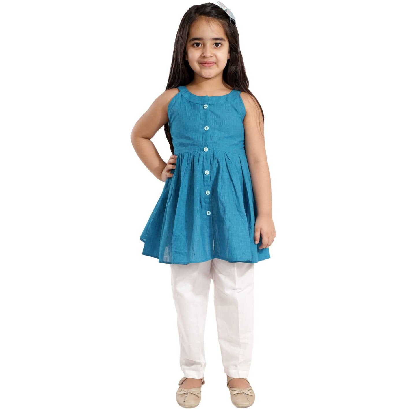 VASTRAMAY Girls' Handloom Cotton Kurta And Straight Pant Set (VASGK070AQnGP01CR_2-3 Years)