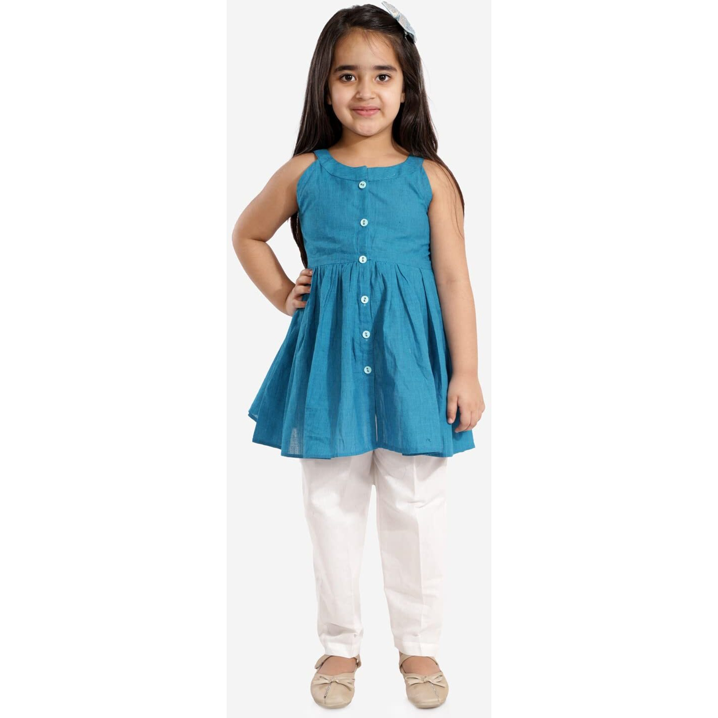 VASTRAMAY Girls' Handloom Cotton Kurta And Straight Pant Set (VASGK070AQnGP01CR_2-3 Years)