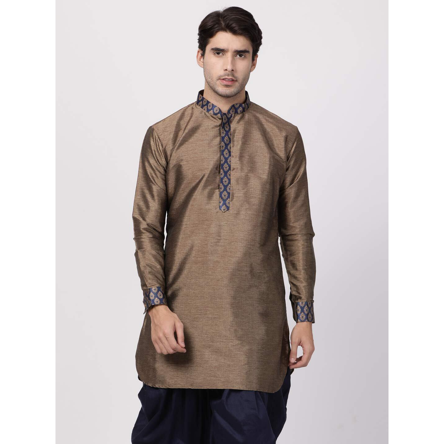 VASTRAMAY Men's Navy Blue Cotton Silk Blend Kurta_VASMUK006NB_36