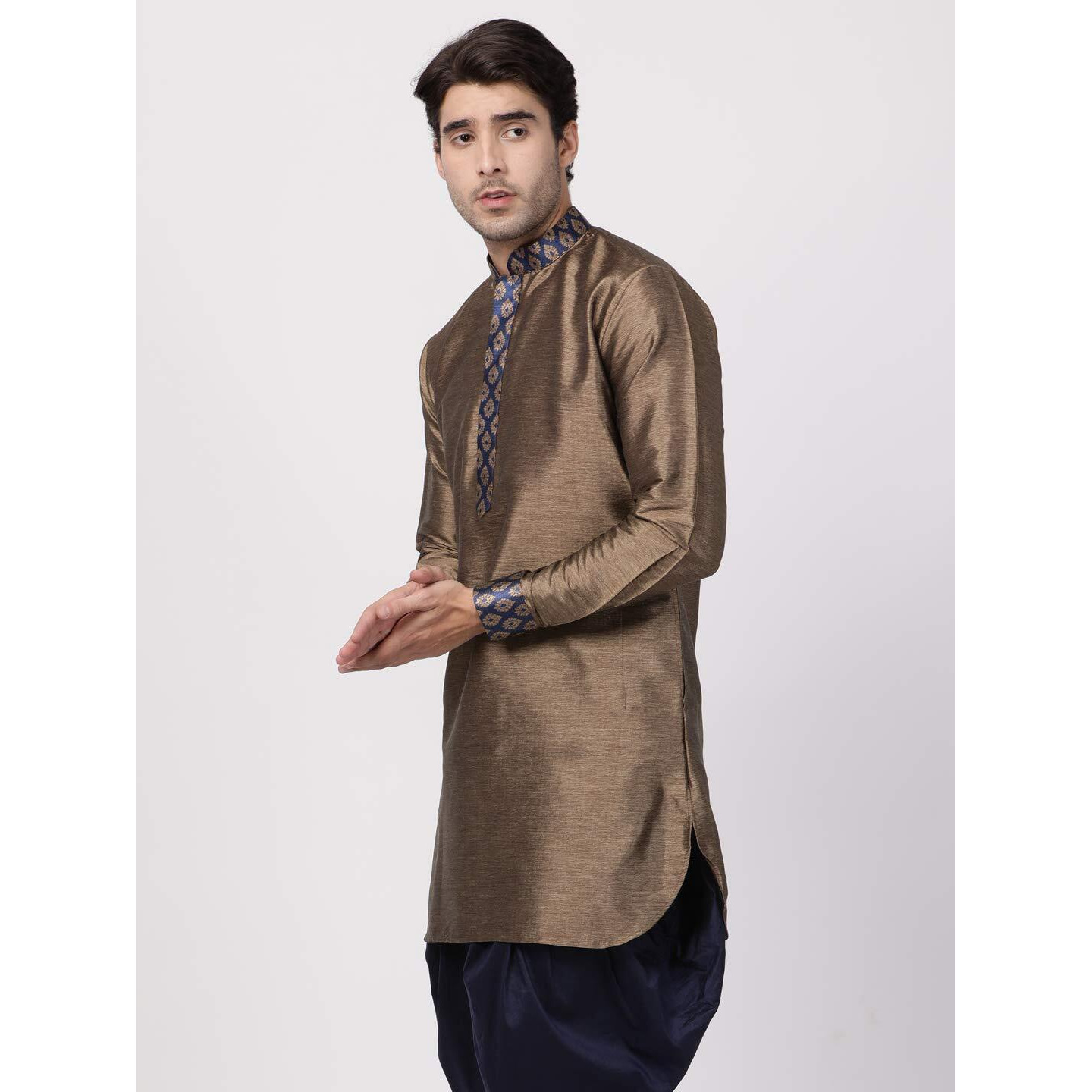 VASTRAMAY Men's Navy Blue Cotton Silk Blend Kurta_VASMUK006NB_36