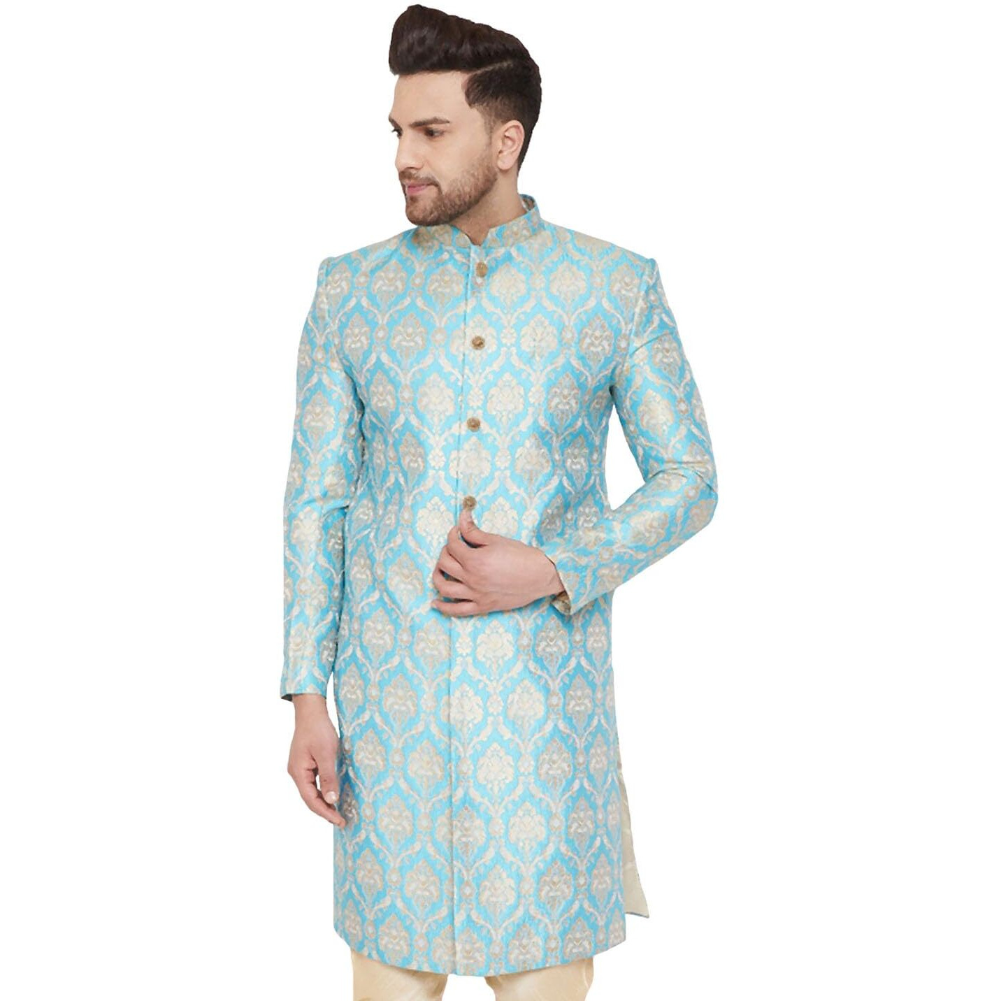 VASTRAMAY Men's Aqua Silk Blend Sherwani Only Top - Brocade Sherwani