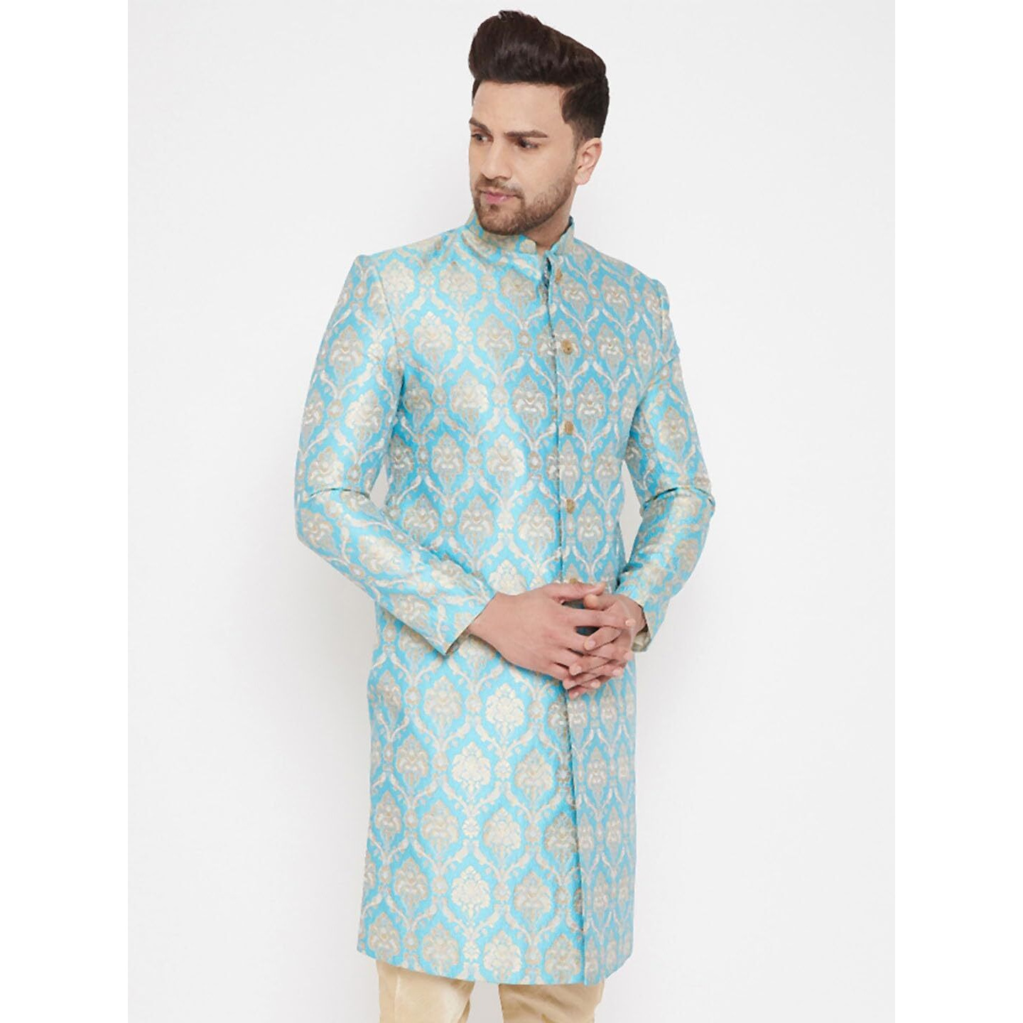 VASTRAMAY Men's Aqua Silk Blend Sherwani Only Top - Brocade Sherwani