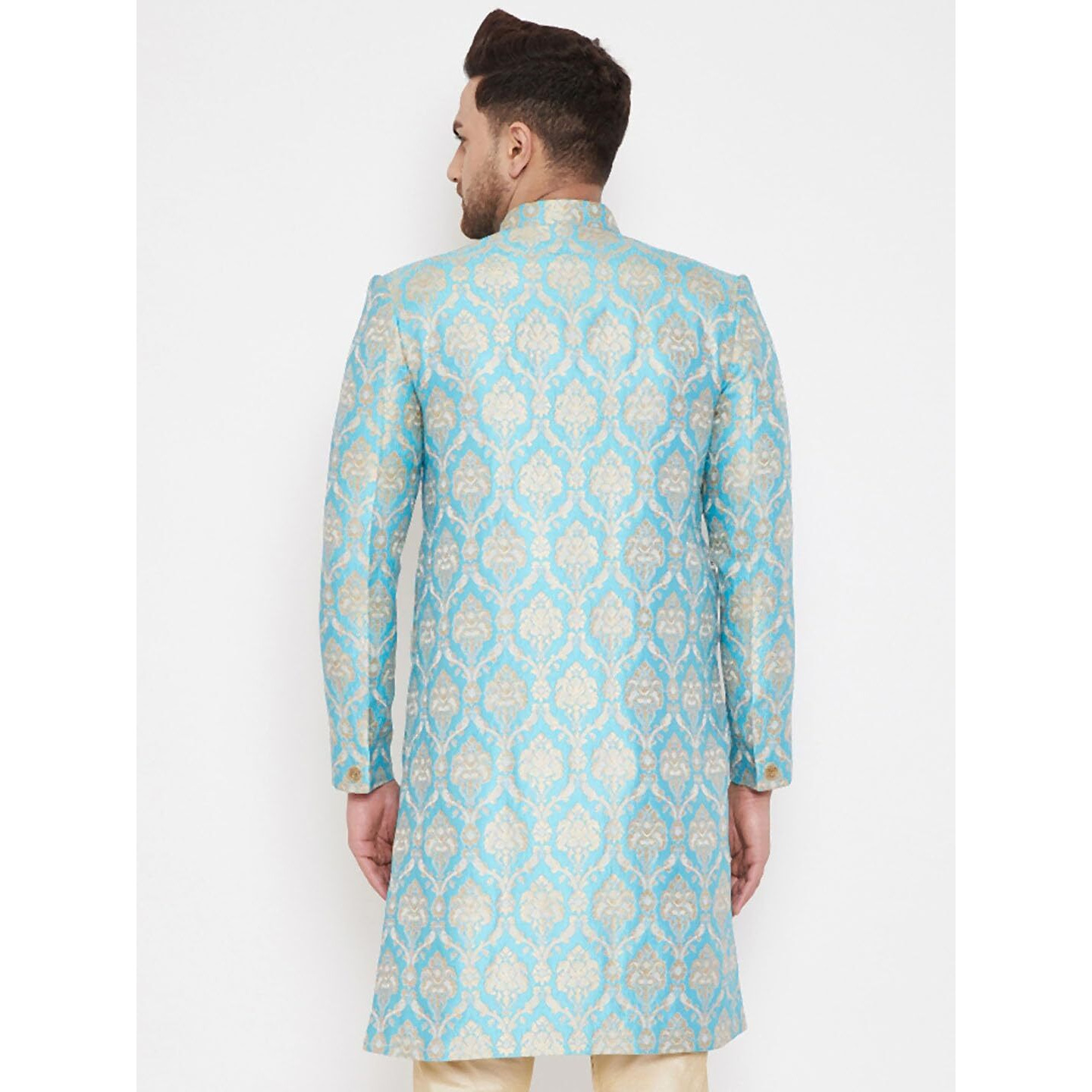 VASTRAMAY Men's Aqua Silk Blend Sherwani Only Top - Brocade Sherwani