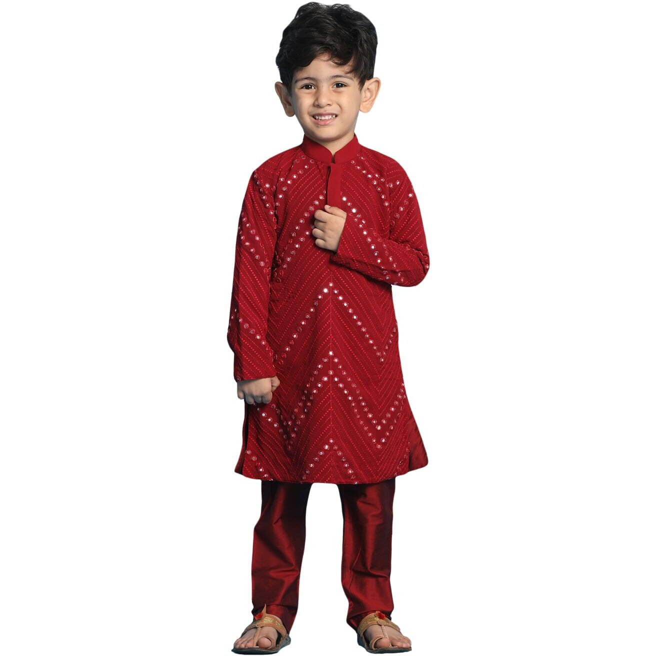 VASTRAMAY Boys' Maroon Mirror Work Kurta And Pyjama | Boy's Mirror work Maroon Georgette Kurta & Pyjama Set for Navratri, Diwali & Festive Celebrations - Stylish and Comfortable Indian Outfit for Kids