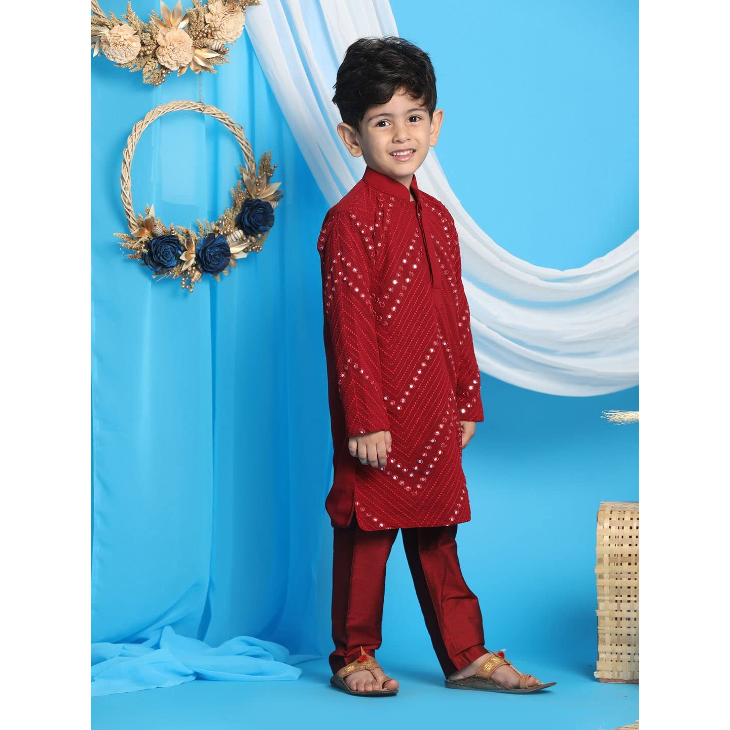 VASTRAMAY Boys' Maroon Mirror Work Kurta And Pyjama | Boy's Mirror work Maroon Georgette Kurta & Pyjama Set for Navratri, Diwali & Festive Celebrations - Stylish and Comfortable Indian Outfit for Kids