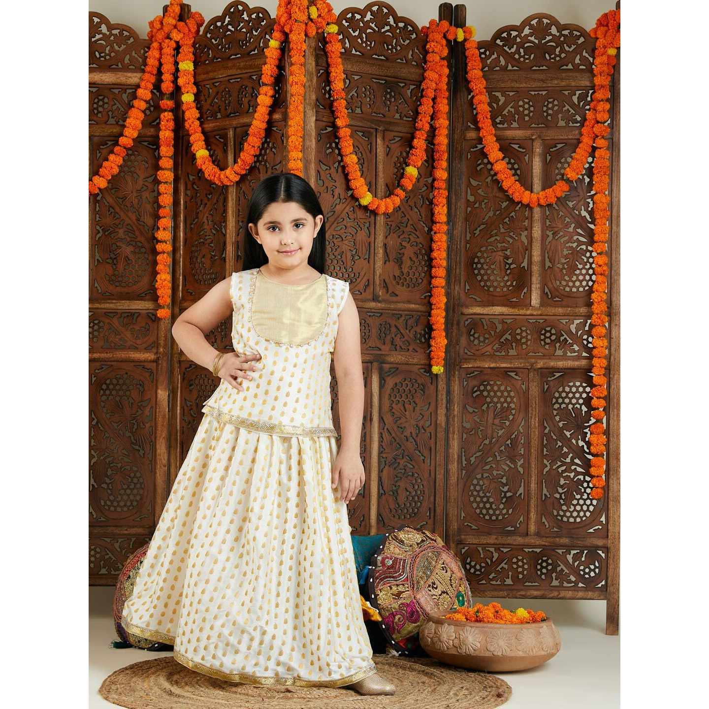 VASTRAMAY Girls' Cream And Gold Lehenga_VASGLC030GO_20