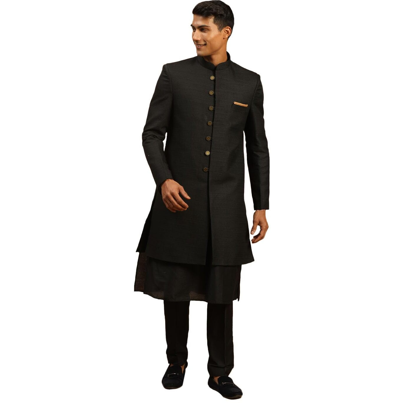 VASTRAMAY Men's Black Viscose Sherwani Set