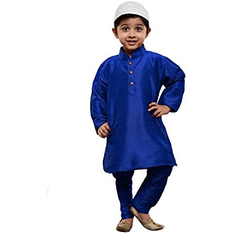 VASTRAMAY Boys' Blue Silk Blend Kurta Pyjama Set with Cap-VASBKBU001nPBUnC_34L