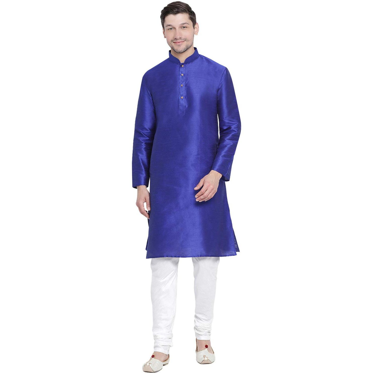 VASTRAMAY Men's Royal Blue Cotton Silk Blend Kurta and Pyjama Set_VASMKBU001nPDWH_46