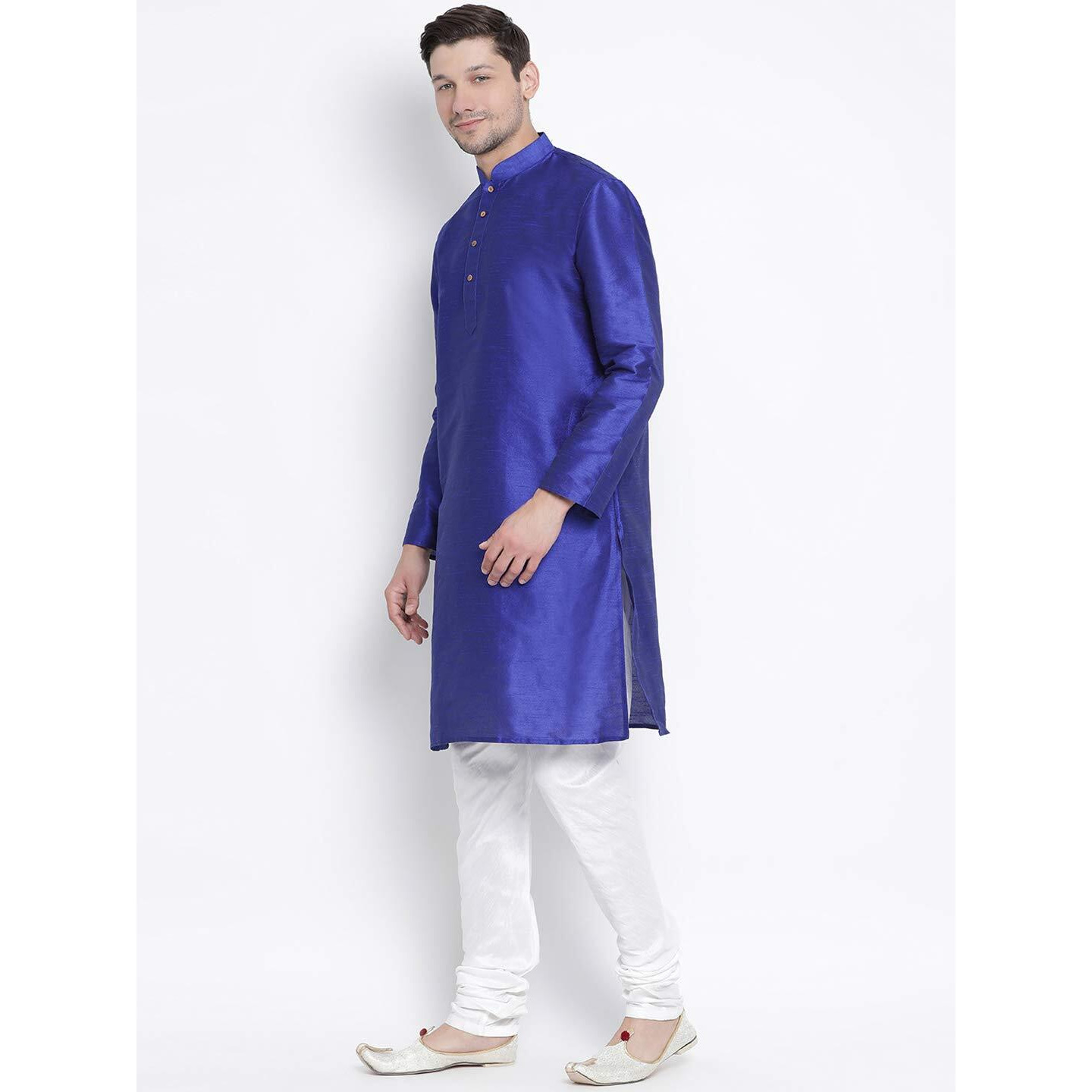 VASTRAMAY Men's Royal Blue Cotton Silk Blend Kurta and Pyjama Set_VASMKBU001nPDWH_46