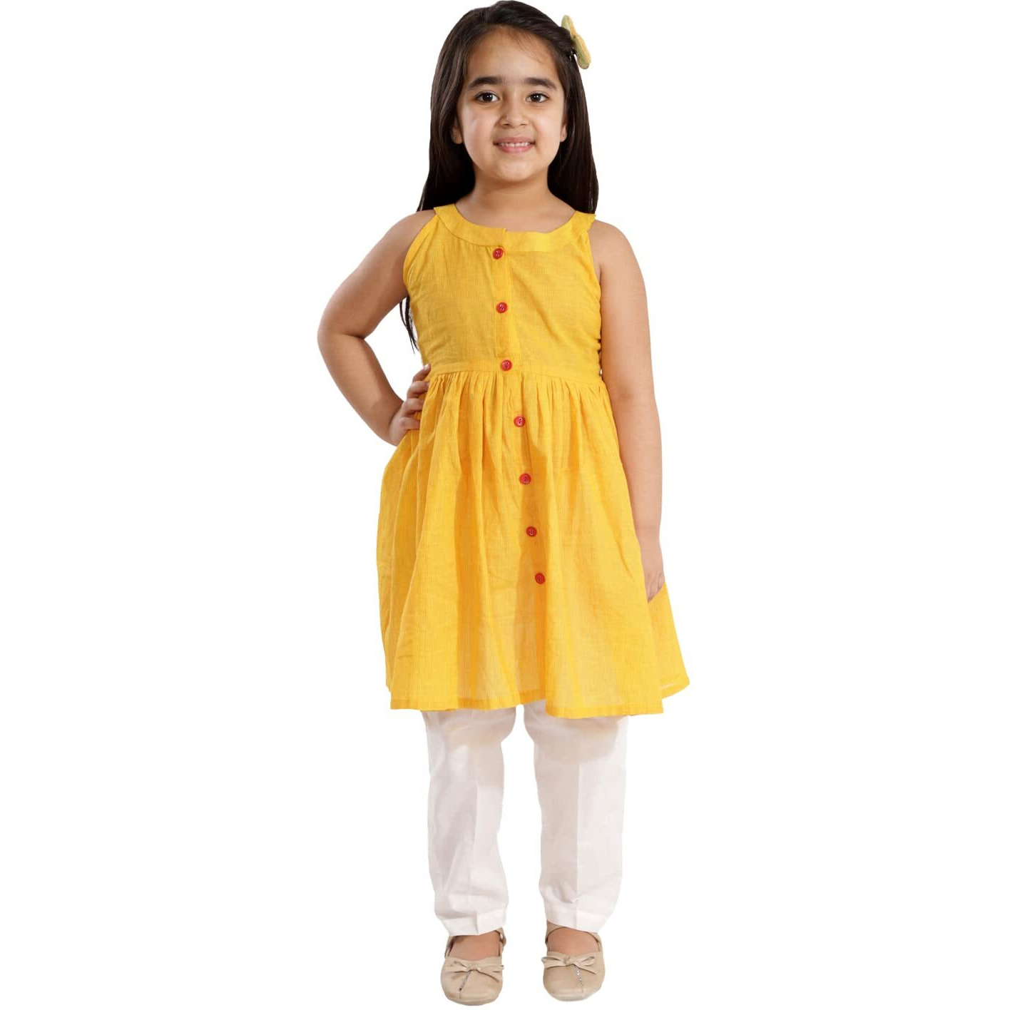 VASTRAMAY Girls' Handloom Cotton Kurta And Straight Pant Set (VASGK070MDnGP01CR_2-3 Years)