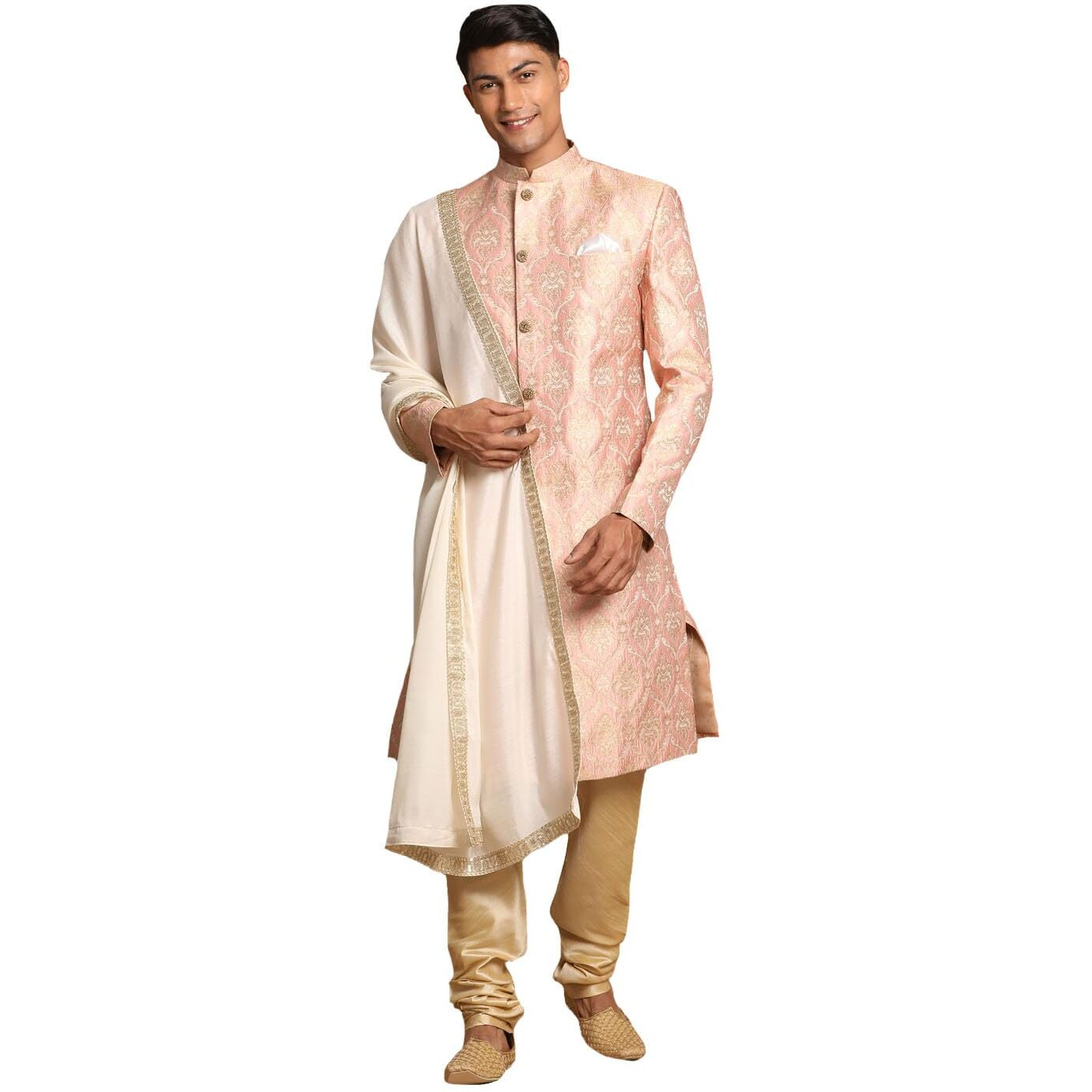 VASTRAMAY Men's Pink And Gold Silk Blend Sherwani Set - A Set Of Brocade Sherwani And Pyjama With Dupatta