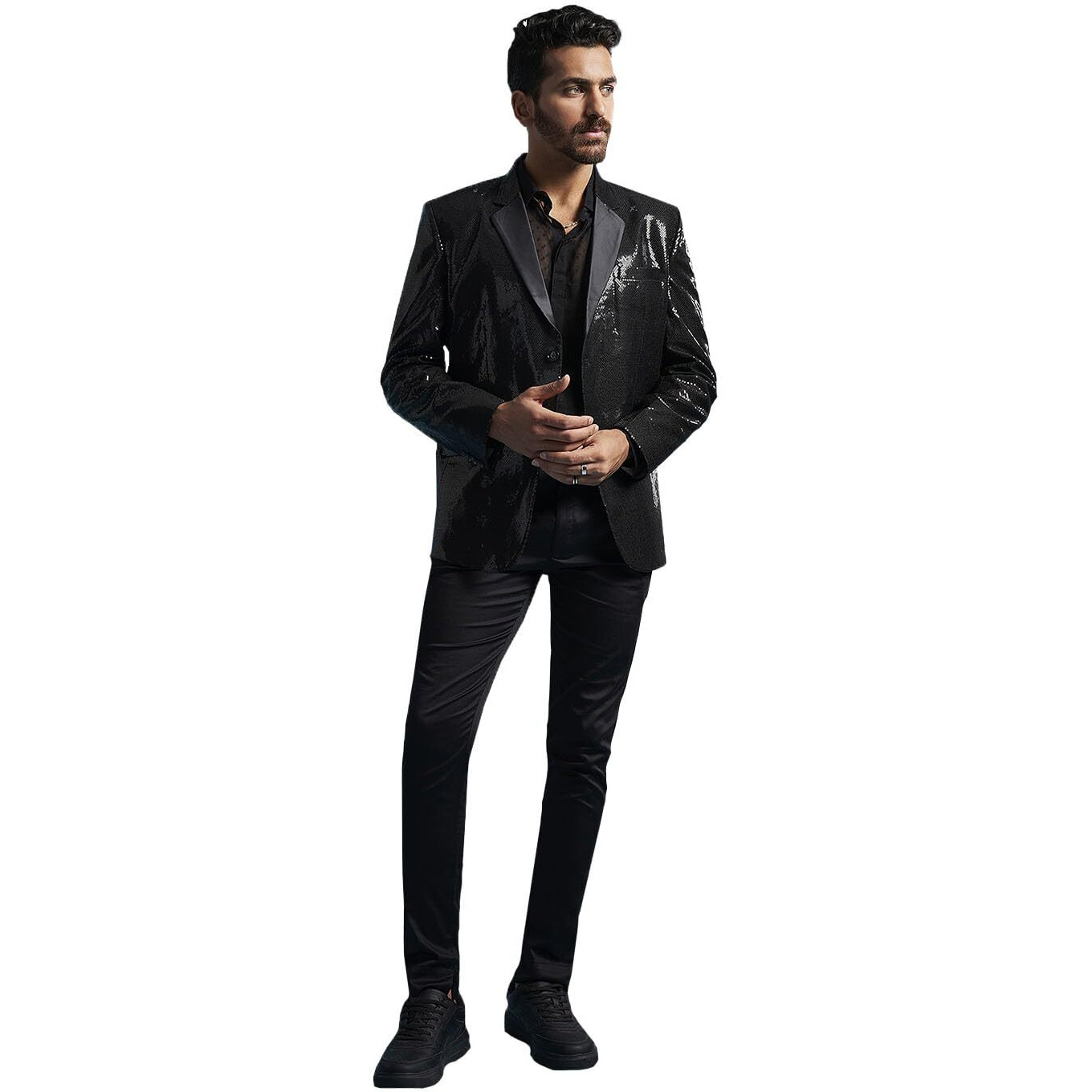 VASTRAMAY Men's Black Viscose Blazer & Pant Set - Allover Sequined Blazer Versatile to Be Adorned Over Shirt and Trouser