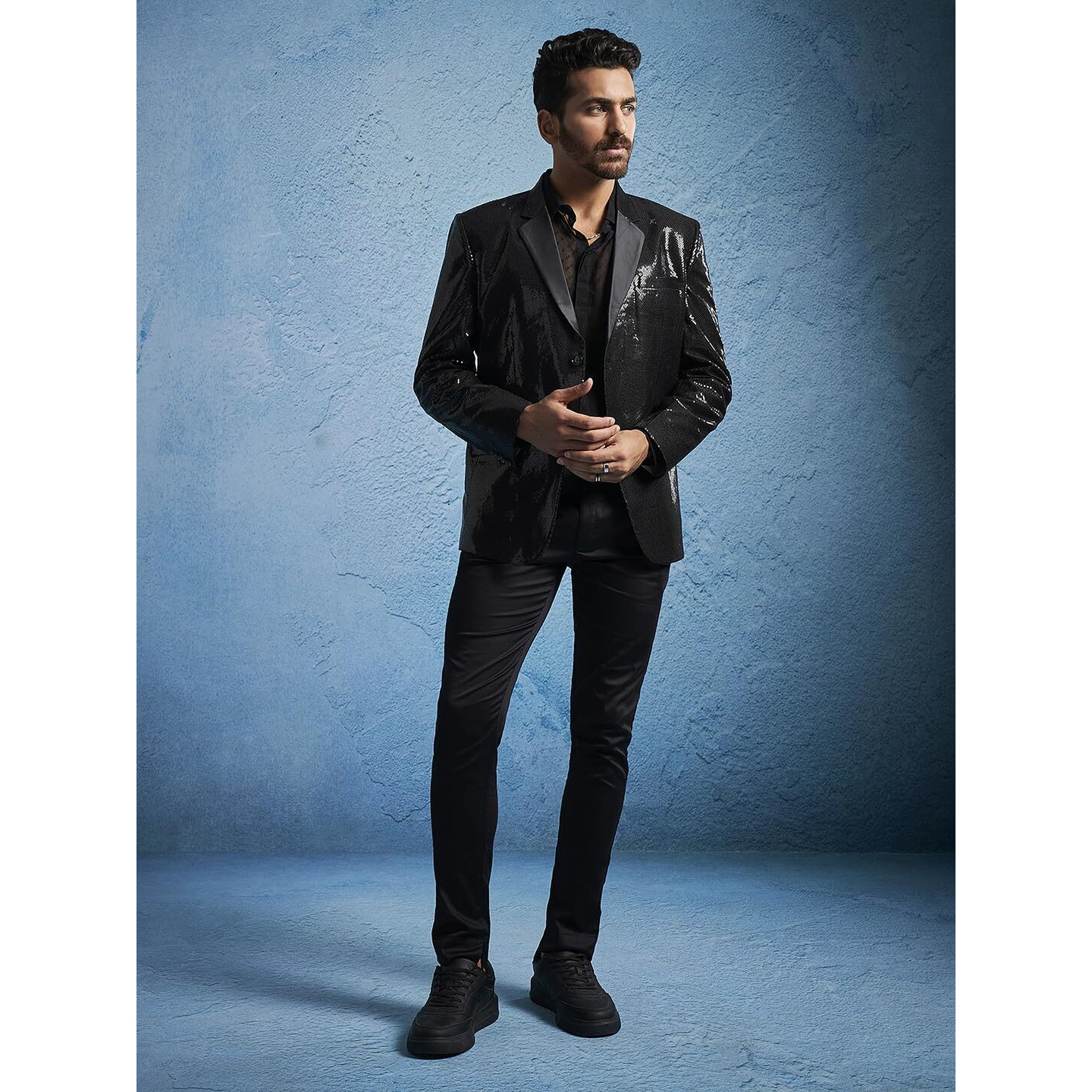 VASTRAMAY Men's Black Viscose Blazer & Pant Set - Allover Sequined Blazer Versatile to Be Adorned Over Shirt and Trouser