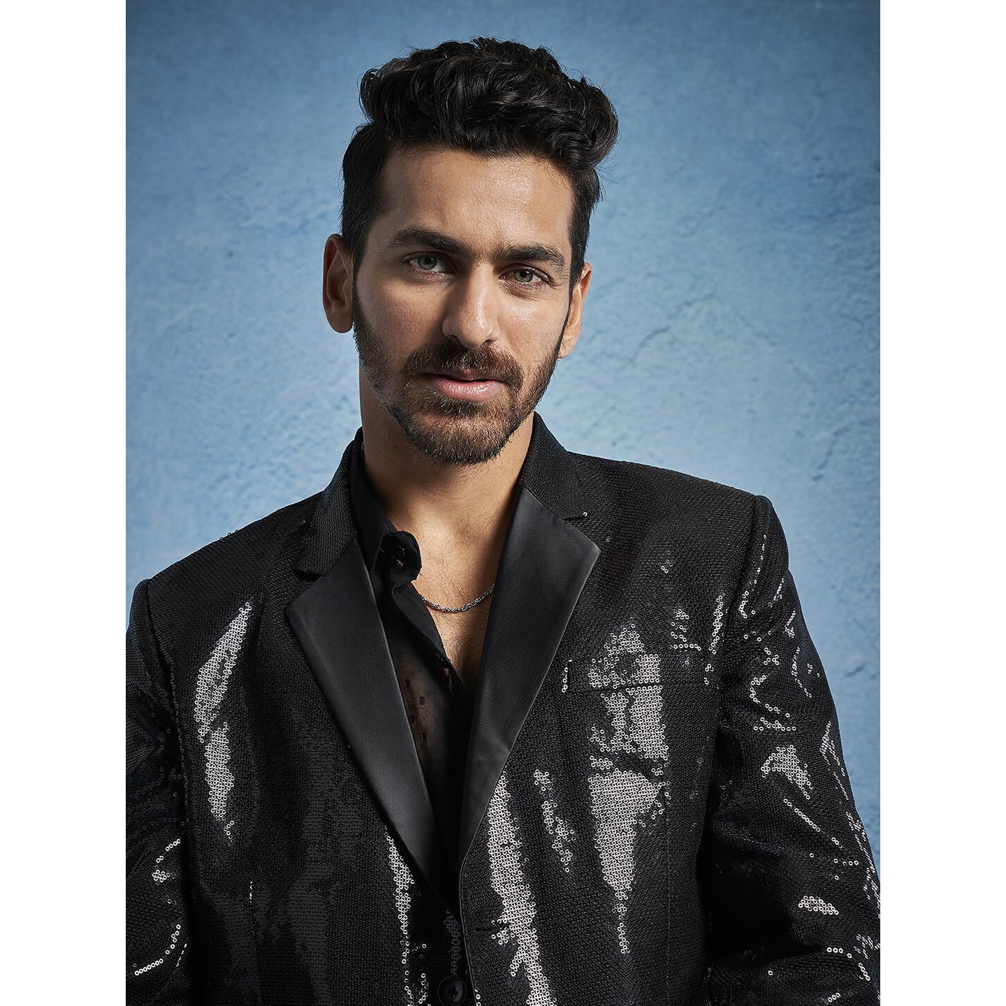 VASTRAMAY Men's Black Viscose Blazer & Pant Set - Allover Sequined Blazer Versatile to Be Adorned Over Shirt and Trouser