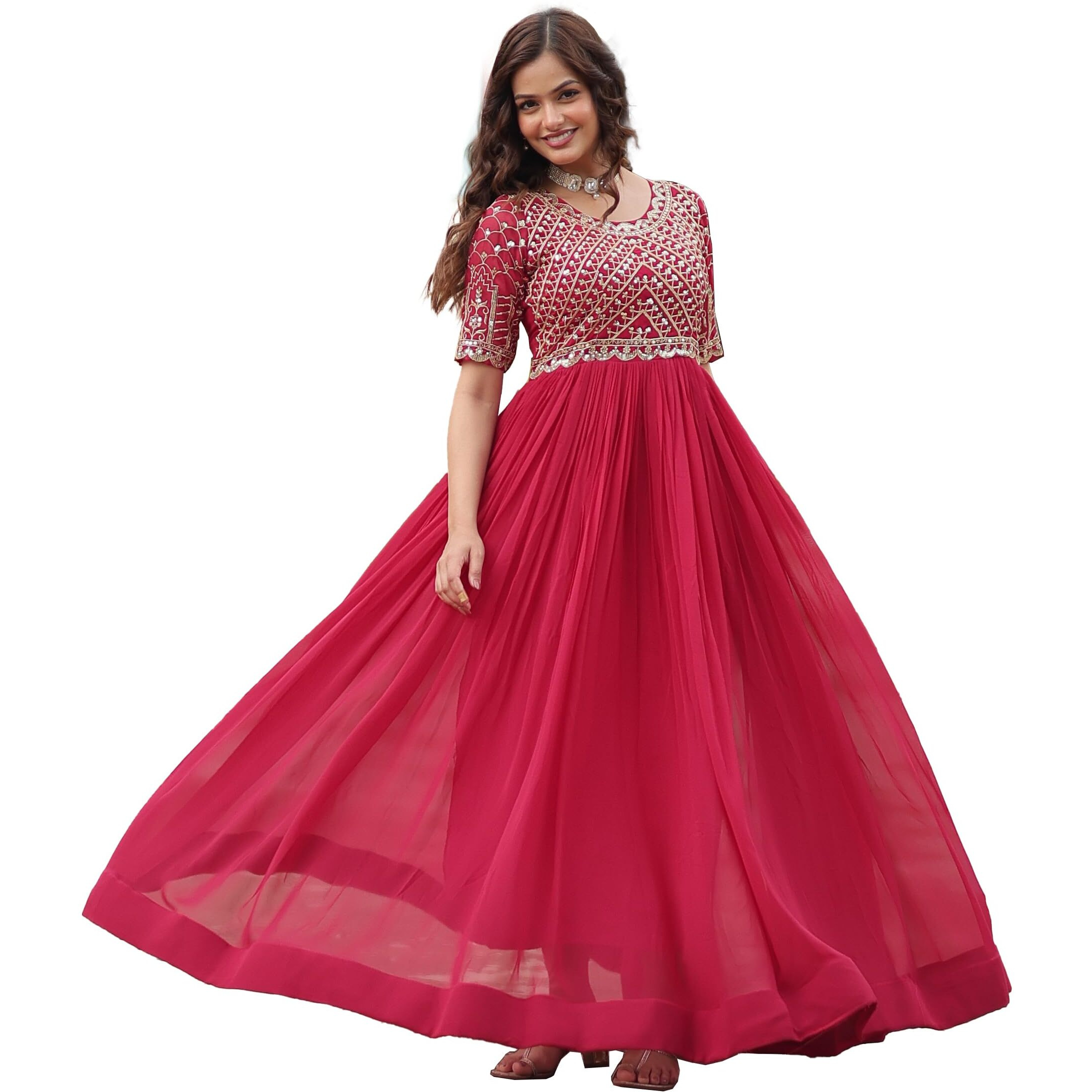 Wedani Faux Georgette Sequins-Work Anarkali Kurta Set for Women (in, Alpha, M, Regular, RED)