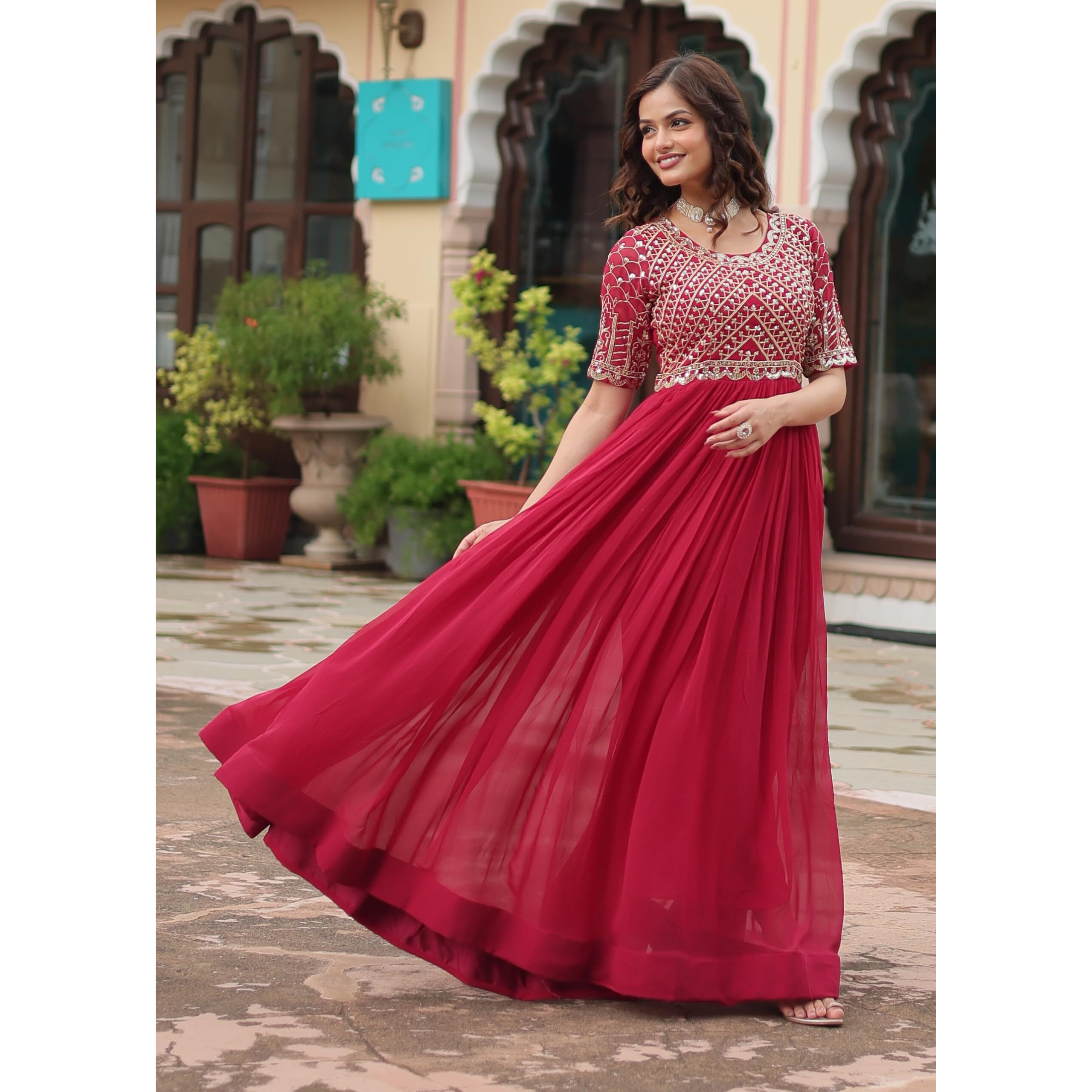 Wedani Faux Georgette Sequins-Work Anarkali Kurta Set for Women (in, Alpha, M, Regular, RED)