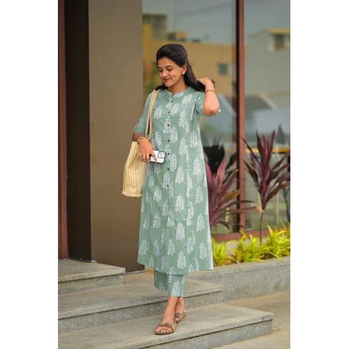 ANNI DESIGNER Women's Rayon Viscose A-Line Printed Kurta with Pant (KOPEK Green_L_Green_Large)