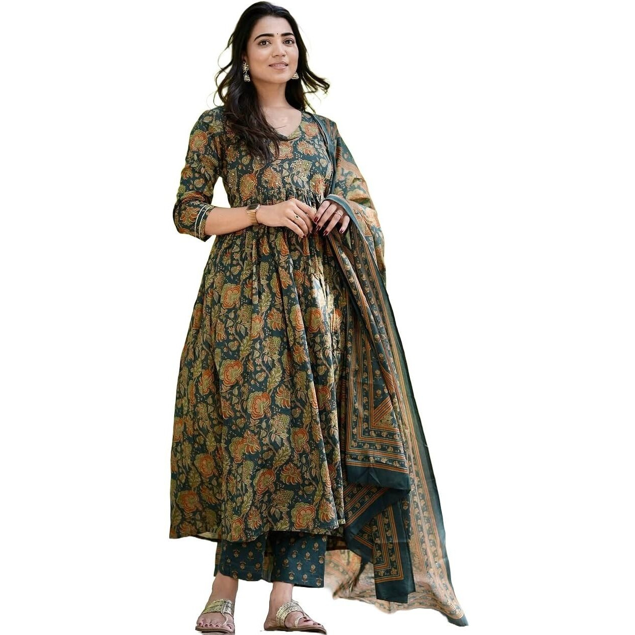 KLOSIA Women Printed Anarkali Kurta and Pant Set with Dupatta (in, Alpha, M, Green)