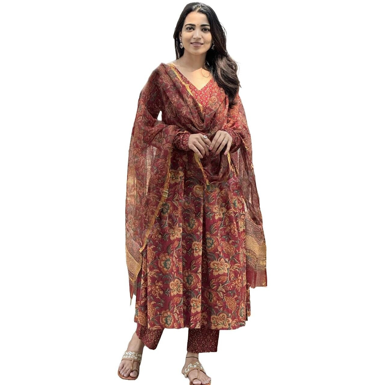 KLOSIA Women Printed Anarkali Kurta and Pant Set with Dupatta (in, Alpha, XL, Red)