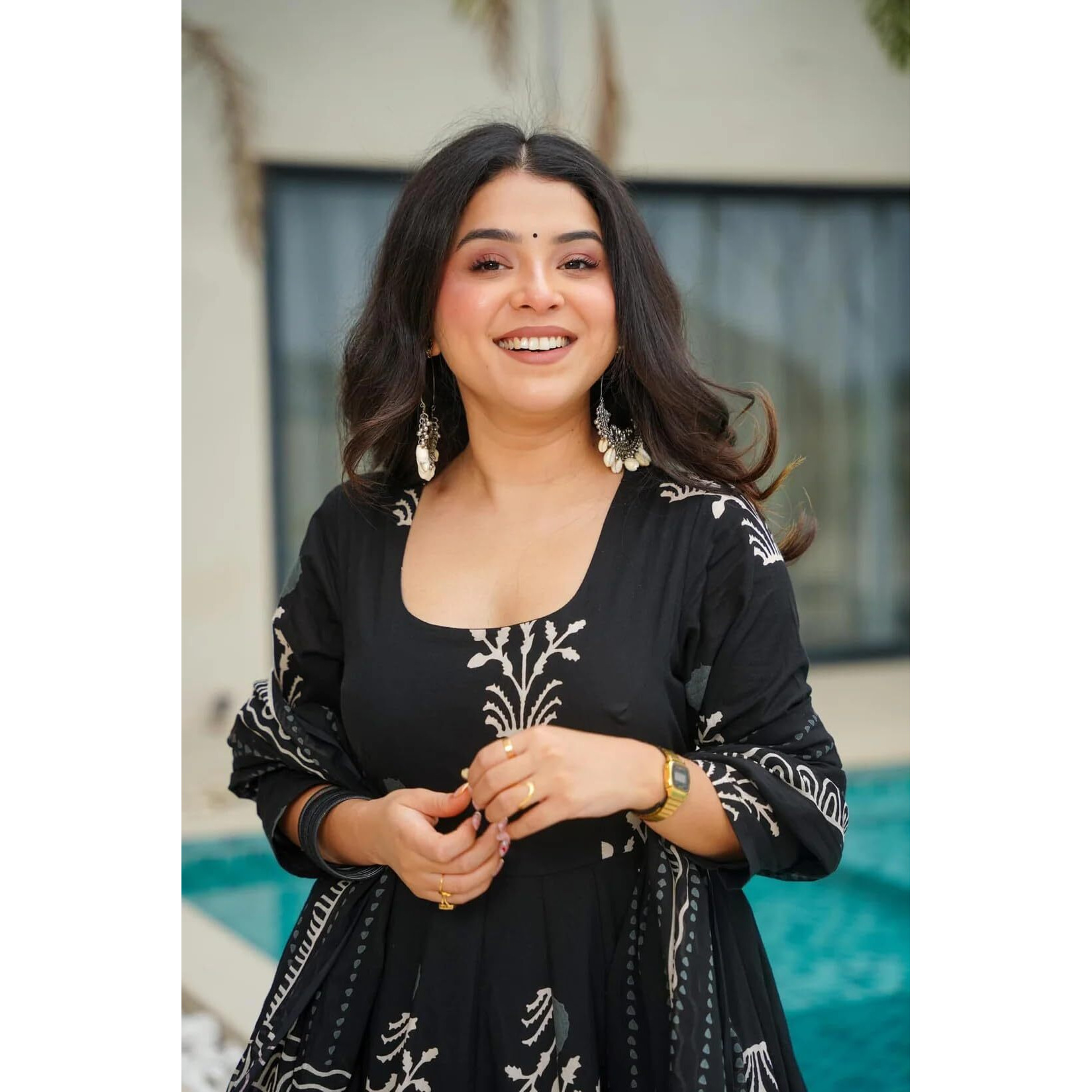 KLOSIA Women Printed Anarkali Kurta and Pant with Dupatta Set (in, Alpha, XL, Black)