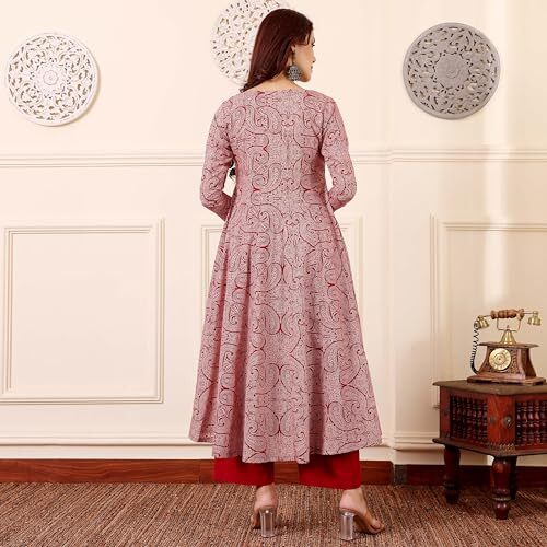ANNI DESIGNER Women's Rayon Viscose Anarkali Printed Kurta with Pant (GRUSHA RED_XL_Red_X-Large)