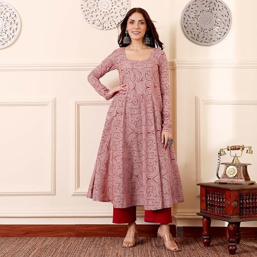ANNI DESIGNER Women's Rayon Viscose Anarkali Printed Kurta with Pant (GRUSHA RED_XL_Red_X-Large)