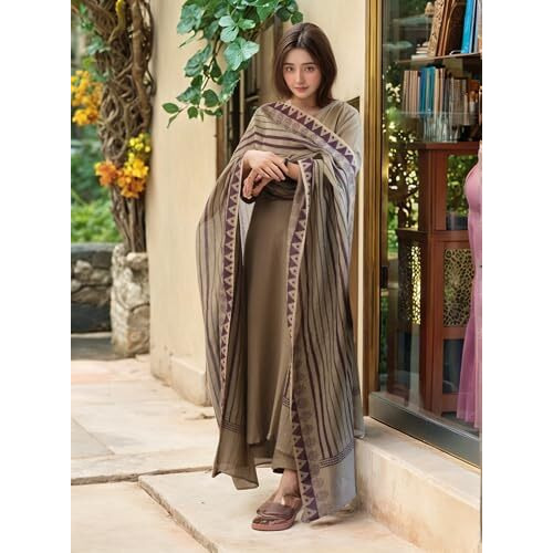 ANNI DESIGNER Women's Rayon Viscose Straight Solid Kurta with Pant & Dupatta (Tarnish CHIKU_L_Beige_Large)
