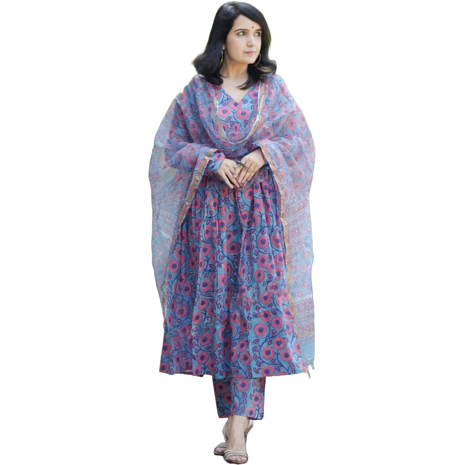 KLOSIA Women Printed Anarkali Kurta and Pant Set with Dupatta || Printed Suits | (in, Alpha, XL, Purple)