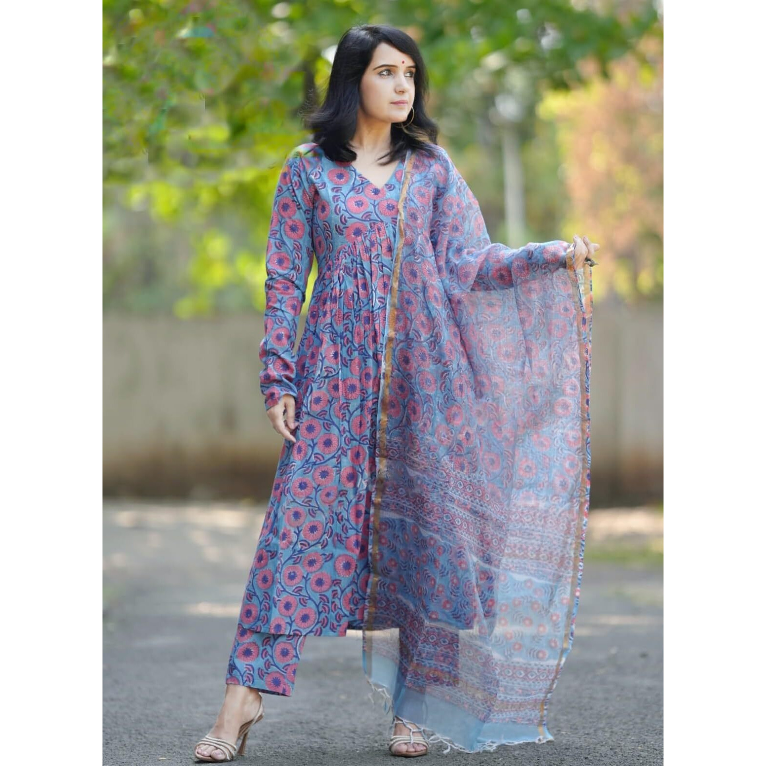 KLOSIA Women Printed Anarkali Kurta and Pant Set with Dupatta || Printed Suits | (in, Alpha, XL, Purple)