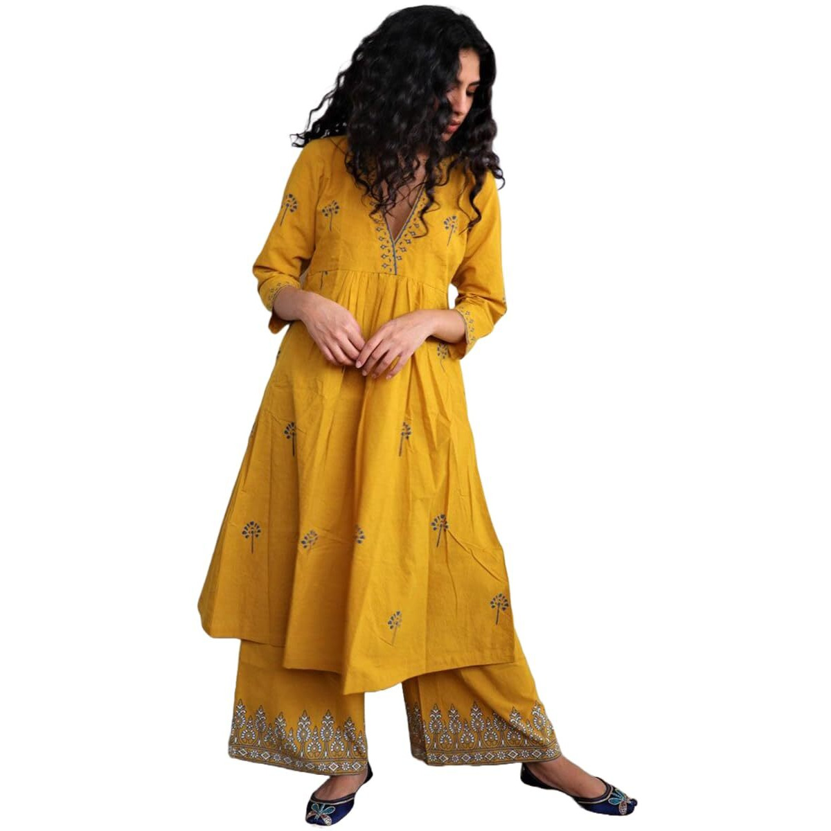 ANNI DESIGNER Women's Rayon Viscose Anarkali Printed Kurta with Palazzo (HANAYA Yellow_XL_Yellow_X-Large)