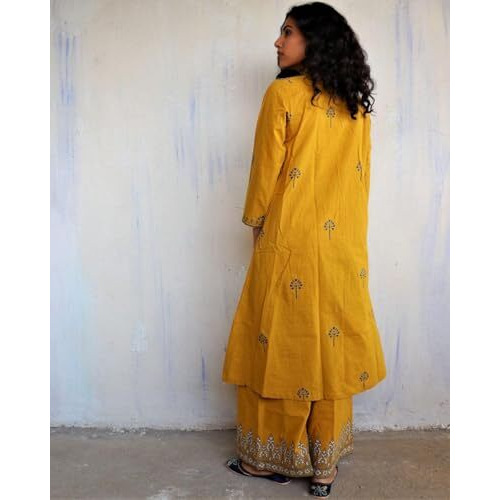 ANNI DESIGNER Women's Rayon Viscose Anarkali Printed Kurta with Palazzo (HANAYA Yellow_XL_Yellow_X-Large)