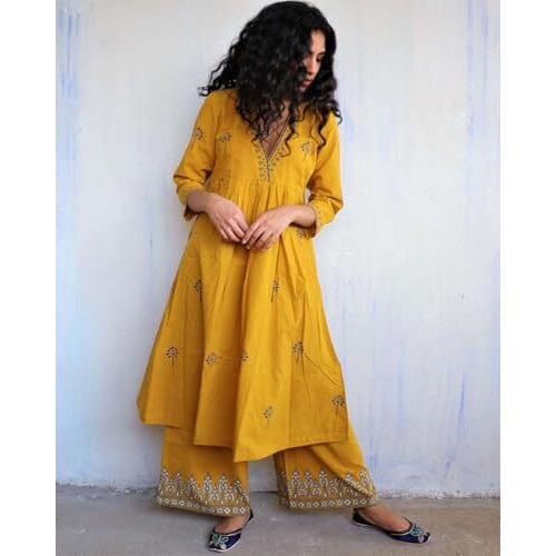 ANNI DESIGNER Women's Rayon Viscose Anarkali Printed Kurta with Palazzo (HANAYA Yellow_XL_Yellow_X-Large)