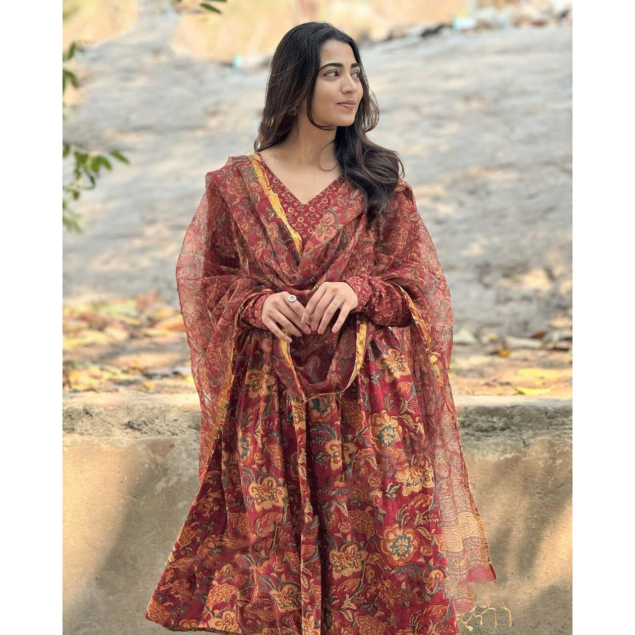 KLOSIA Women Printed Anarkali Kurta and Pant Set with Dupatta (in, Alpha, L, Red)