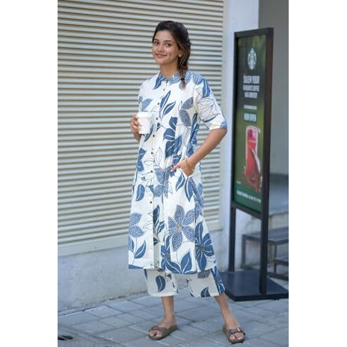 ANNI DESIGNER Women's Rayon Viscose Straight Printed Kurta with Pant (Sunoni White_XXL_White_XX-Large)