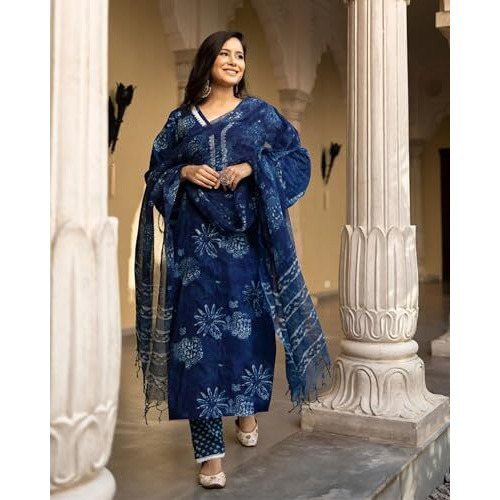 ANNI DESIGNER Women's Rayon Viscose Printed Straight Kurta with Pant & Dupatta (MURGAN Blue_L_Blue_Large)