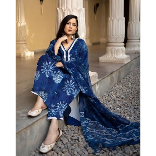 ANNI DESIGNER Women's Rayon Viscose Printed Straight Kurta with Pant & Dupatta (MURGAN Blue_L_Blue_Large)