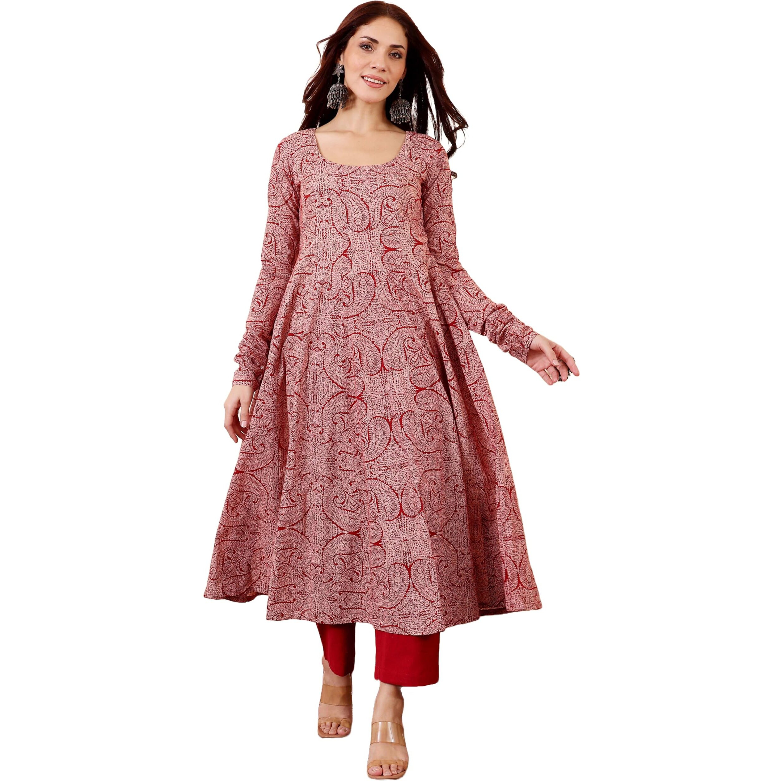 ANNI DESIGNER Women's Rayon Viscose Anarkali Printed Kurta with Pant (GRUSHA RED_M_Red_Medium)