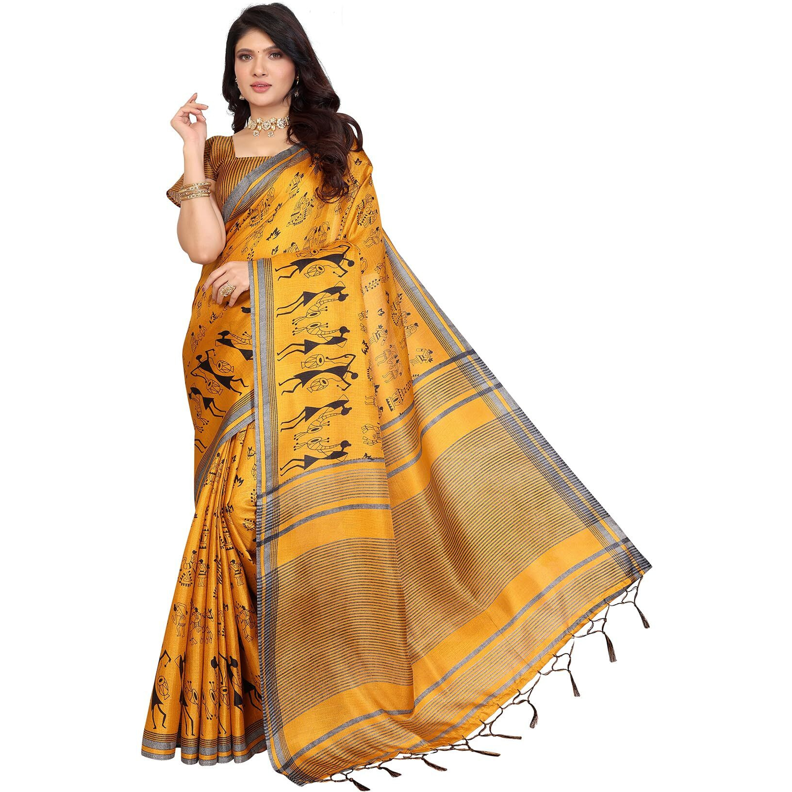 Yashika Women's Art Silk Printed Saree With Blouse Material |saree for Women | Kalamkari Saree | New Sari | Latest Saree (AZ-YS-P1-NASIMA YELLOW JHALAR)
