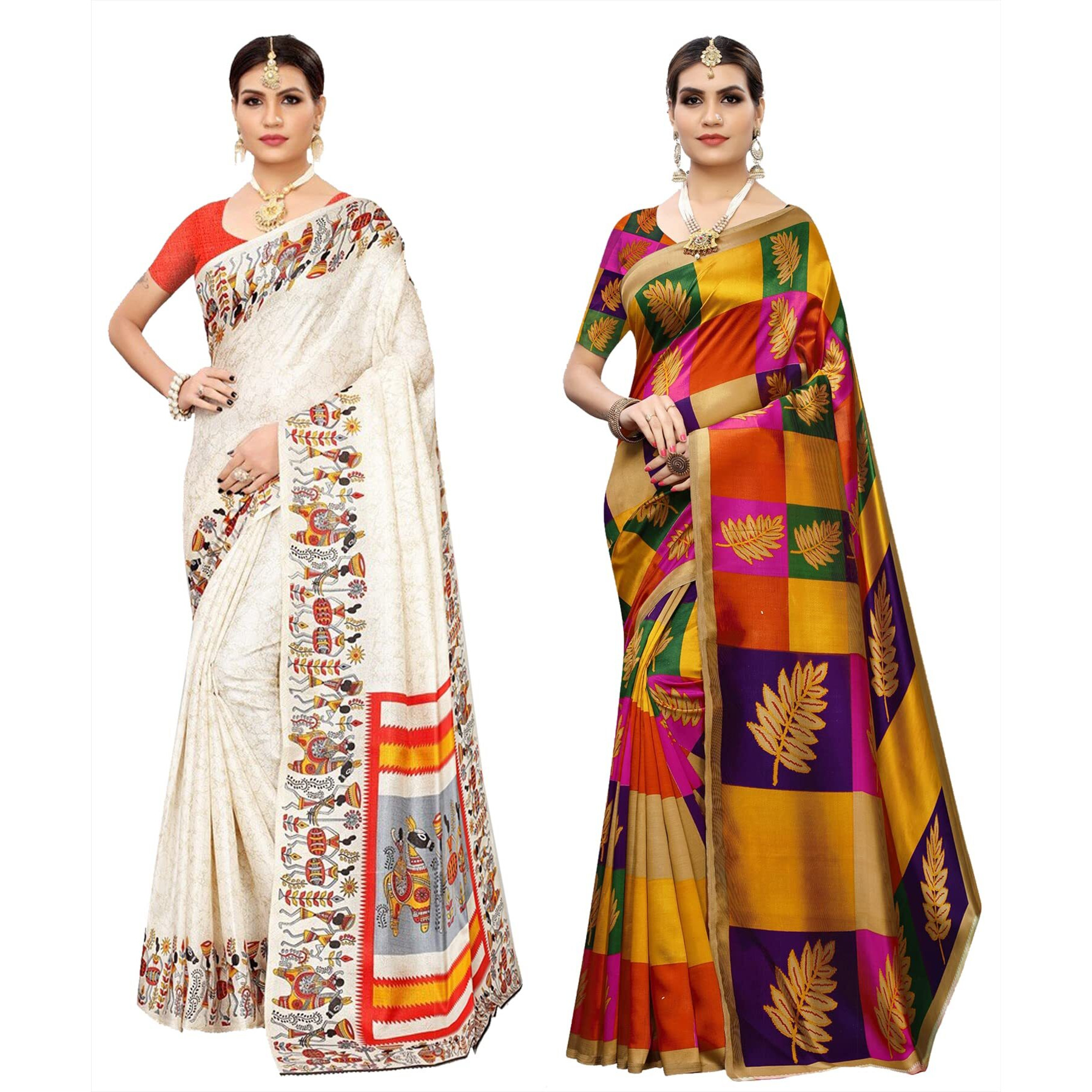 Yashika Women's Combo Art Silk Printed Saree With Blouse Piece Pack Of 2(VIVO ORANGE-METRO NAVY)