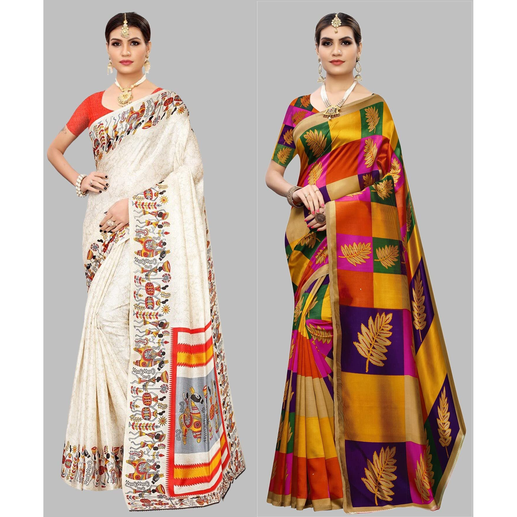 Yashika Women's Combo Art Silk Printed Saree With Blouse Piece Pack Of 2(VIVO ORANGE-METRO NAVY)