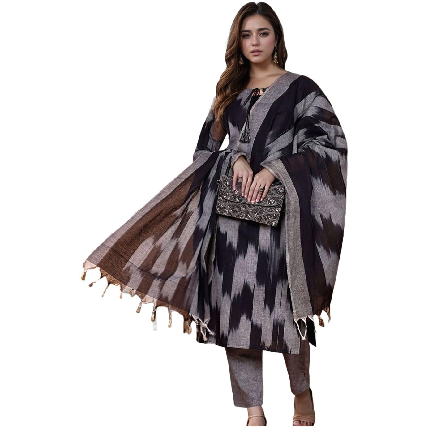 ANNI DESIGNER Women's Rayon Viscose Printed Straight Kurta with Pant & Dupatta (Sonapur Black_L_Black_Large)