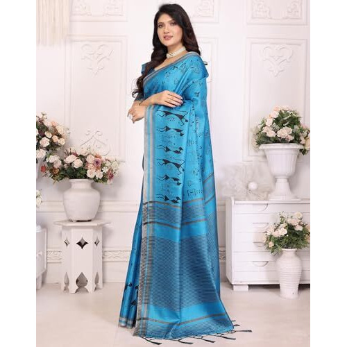 Yashika Women's Art Silk Printed Saree With Blouse Material |saree for Women | Kalamkari Saree | New Sari | Latest Saree (AZ-YS-P1-NASIMA BLUE JHALAR)
