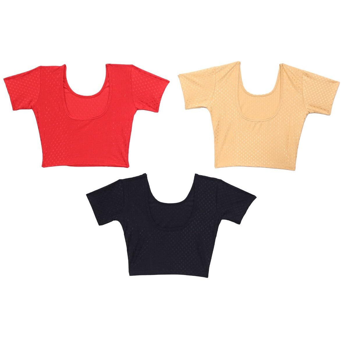 Yashika Women's Solid Short Sleeve Regular Fit Lycra Blend Pack of 3 Blouse for Saree (AZ-YS-OG PK03-Parent_Multicolor L)