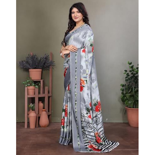 Yashika Women's Tussar Silk Printed Saree With Blouse Material |saree for Women | saree collection 2025 | New Sari | Latest Saree (AZ-YS-P1-ASHIKA GREY)