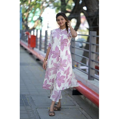 ANNI DESIGNER Women's Rayon Viscose Straight Printed Kurta with Pant (Sunoni Lavender_M_Lavender_Medium)