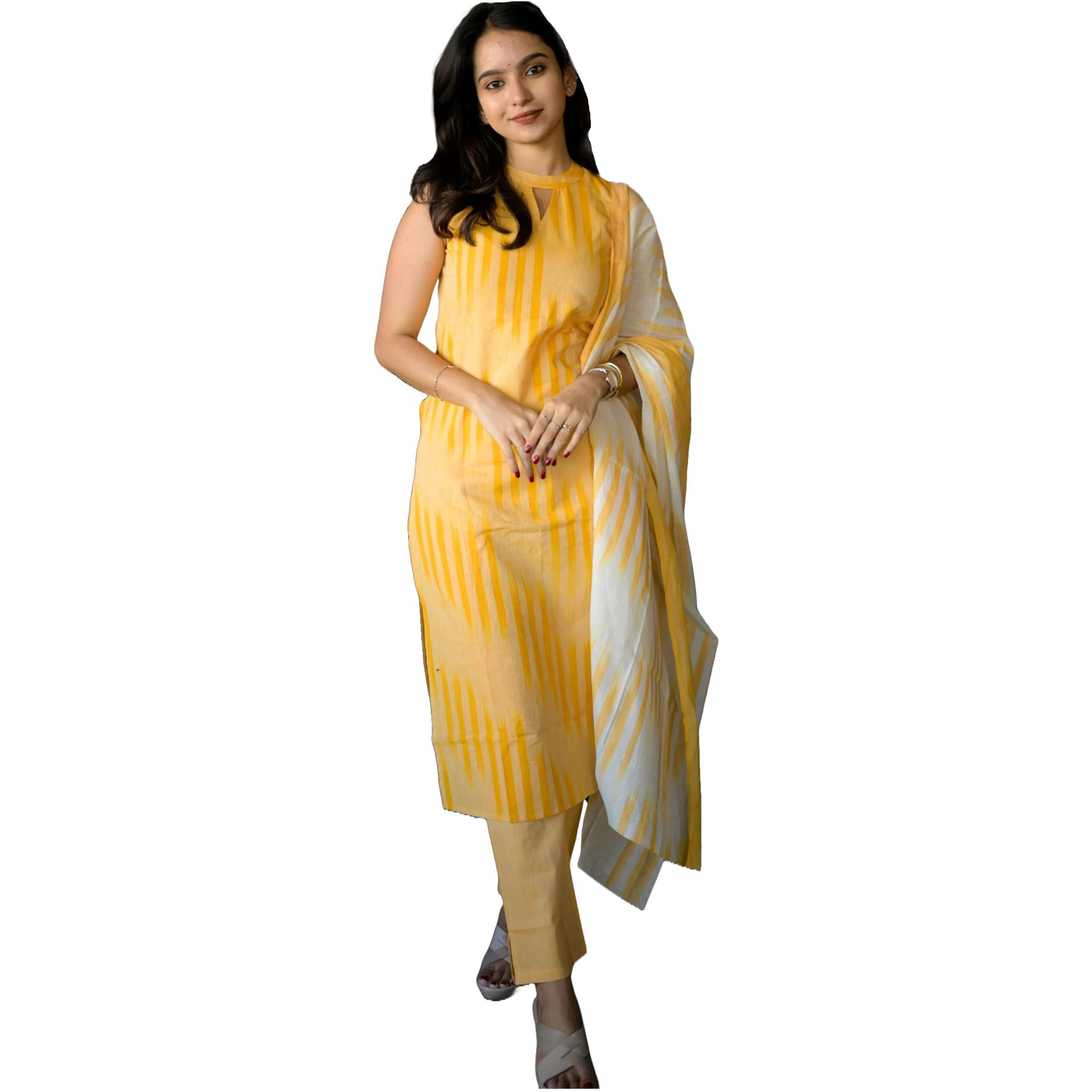 ANNI DESIGNER Women's Rayon Viscose Straight Printed Kurta with Pant & Dupatta (Dabiman Yellow_M_Yellow_Medium)